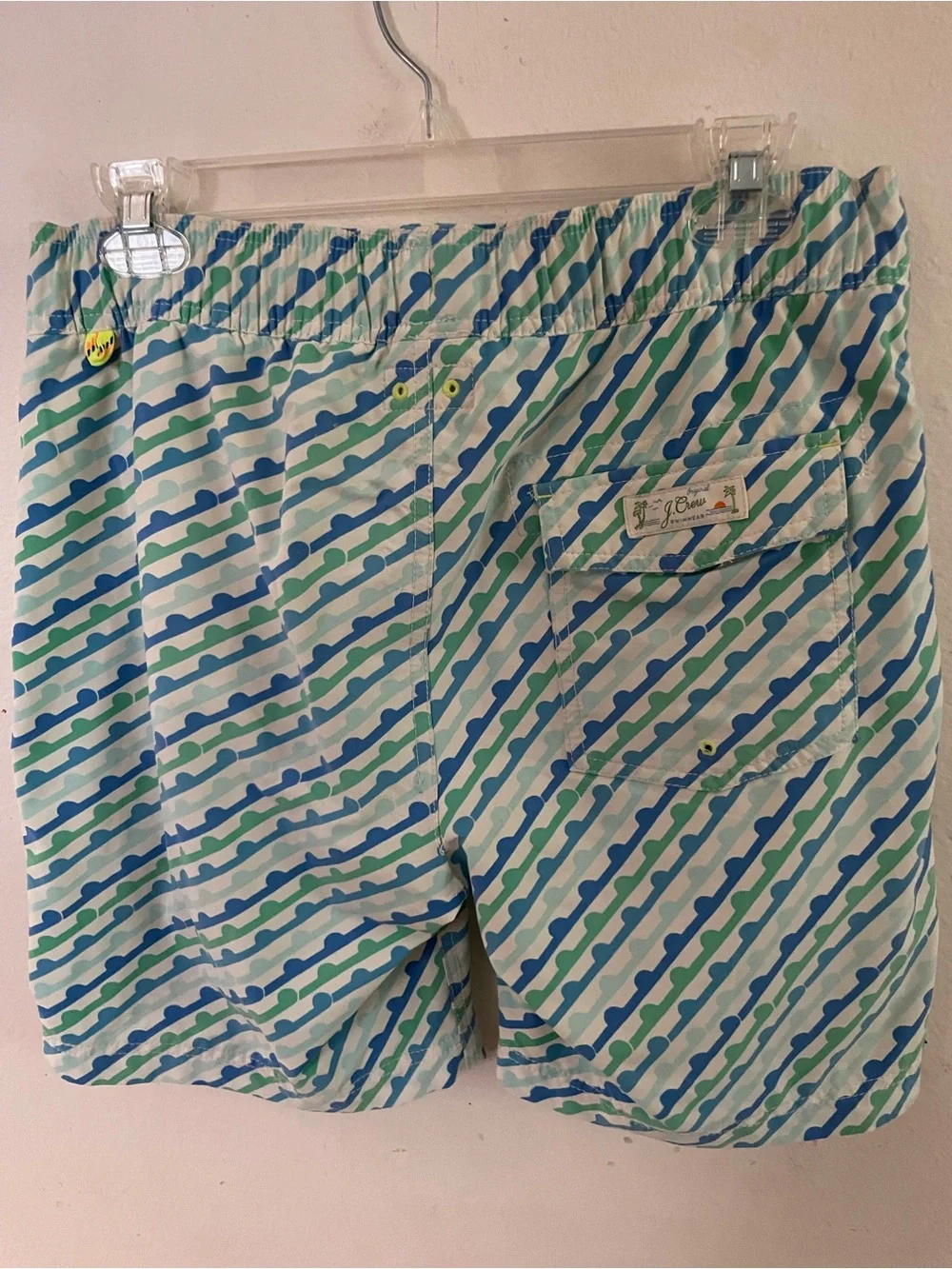 Crewcuts Boys Blue Green Wave-Print Swim Trunks with Neon Yellow Drawstring